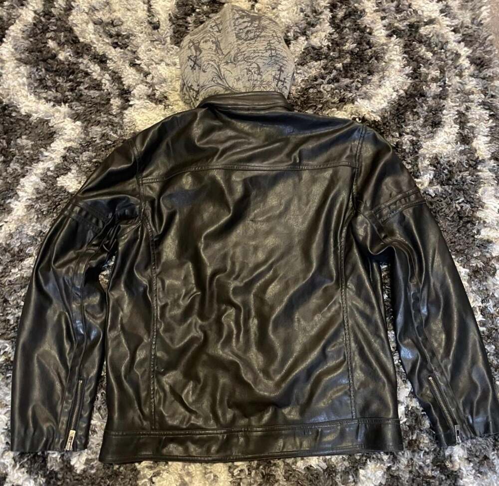 SOLD Point Zero Men's Faux Leather Motorcycle Jacket with Graphic Print Removab - Picture 4 of 7